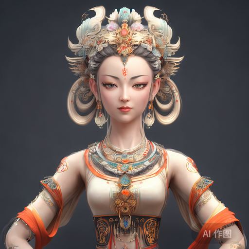 这是一张描绘着华丽装扮的虚拟角色的图像，具有东方风格的妆容和服饰，细节精致，色彩丰富。