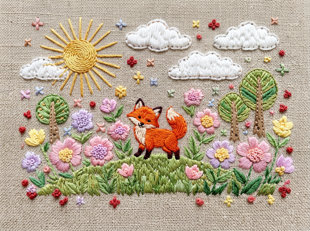 Embroidery-Style Fox Forest Illustration
