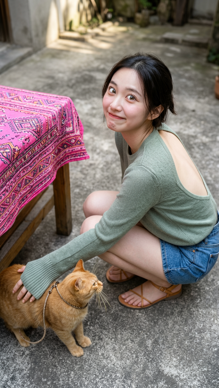 Young Asian Girl Sitting in a Concrete Courtyard