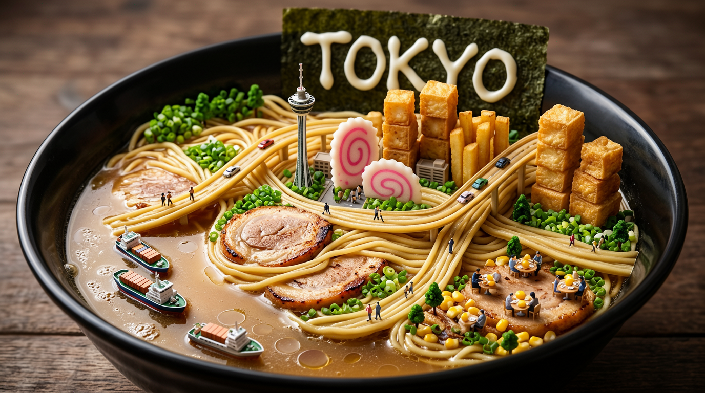 Miniature Cityscape in a Ramen Bowl