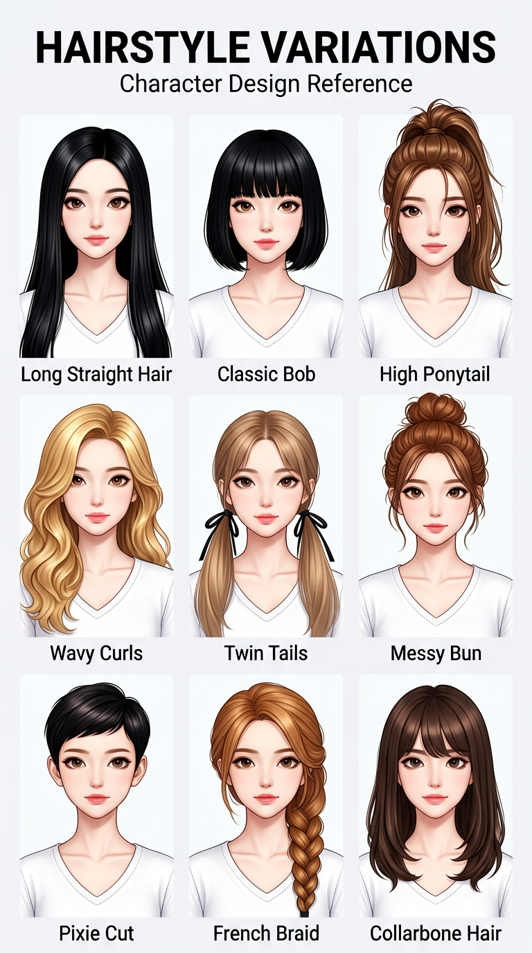 Nine Hairstyle Variations of the Same Woman