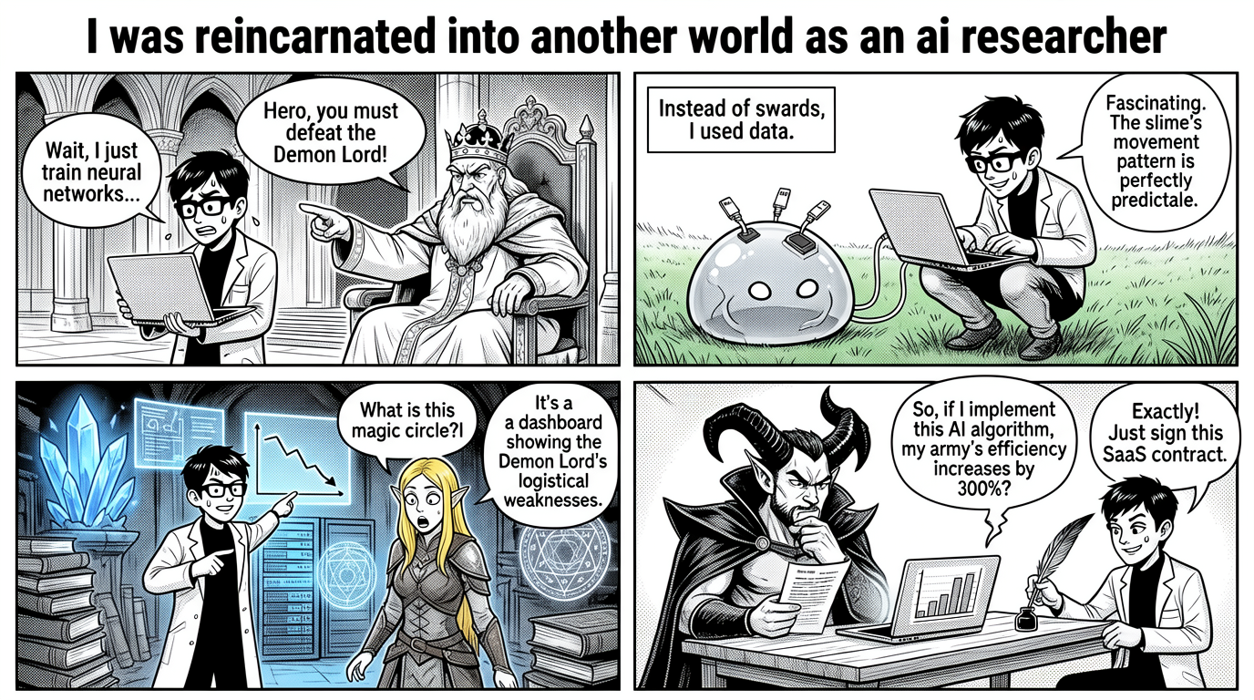 Isekai AI Researcher Four-Panel Comic