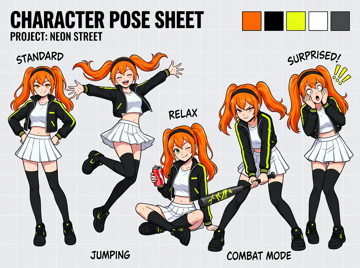 Anime Girl Multi-Pose Character Sheet